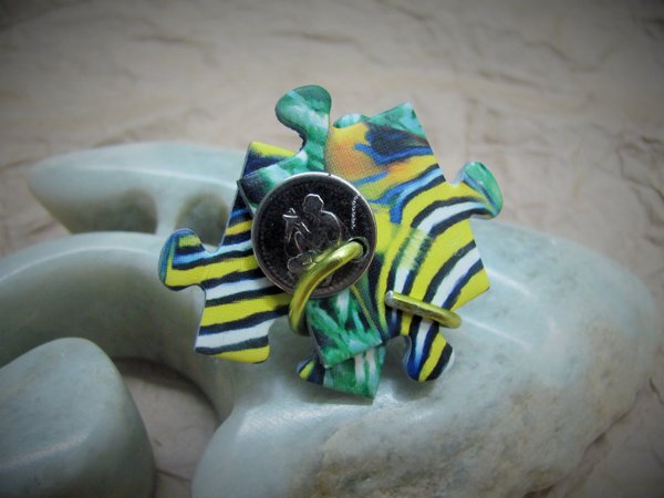 RING upcycling, gelb/blau, PUZZLE. handmade, Einzelstück