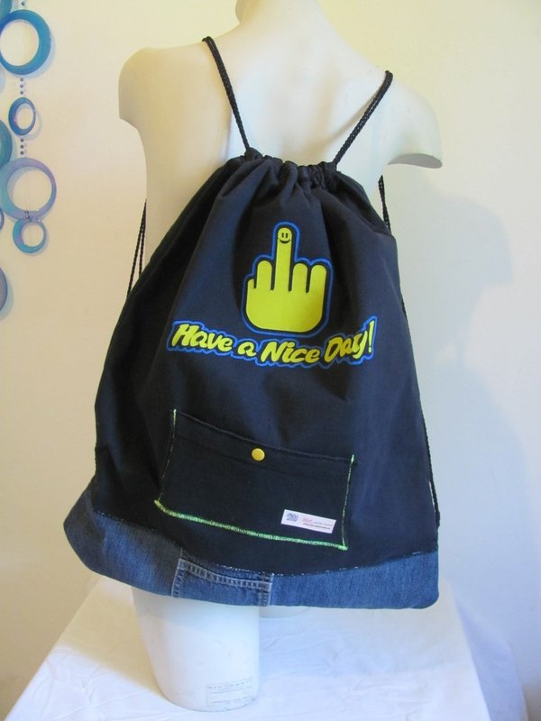 TURNBEUTEL - RUCKSACK  blau/gelb "have a nice day" - UPCYCLI-bag - Einzelstück